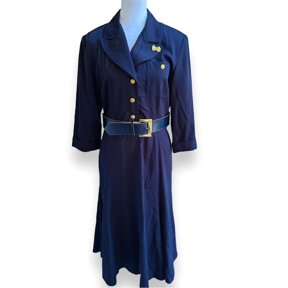 Vintage 80s Danny & Nicole Navy Belted Midi Shirt Dress 12P Costume Preppy USA